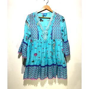 Isla Bonita by Sigris dress 100% cotton novelty print tiered aqua blue women L